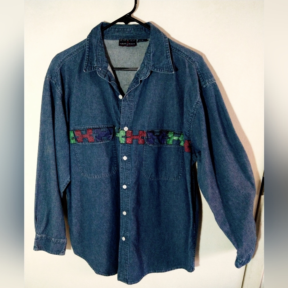AMRAV MEN'S SIZE XL BLUE DENIM SHIRT/SHACKET LONG SLV NATIVE AMERICAN DESIGN